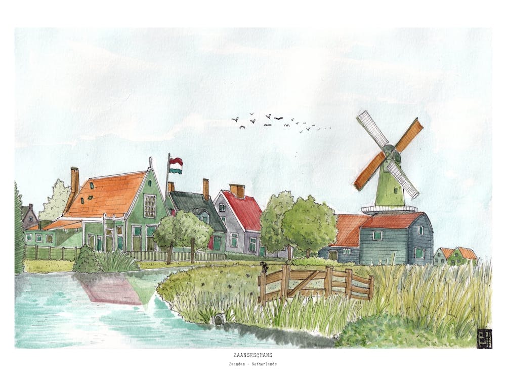Zaanse Schans Zaandam Netherlands - Dutch Landscape Watercolor - Windmill - Netherlands Watercolor Art