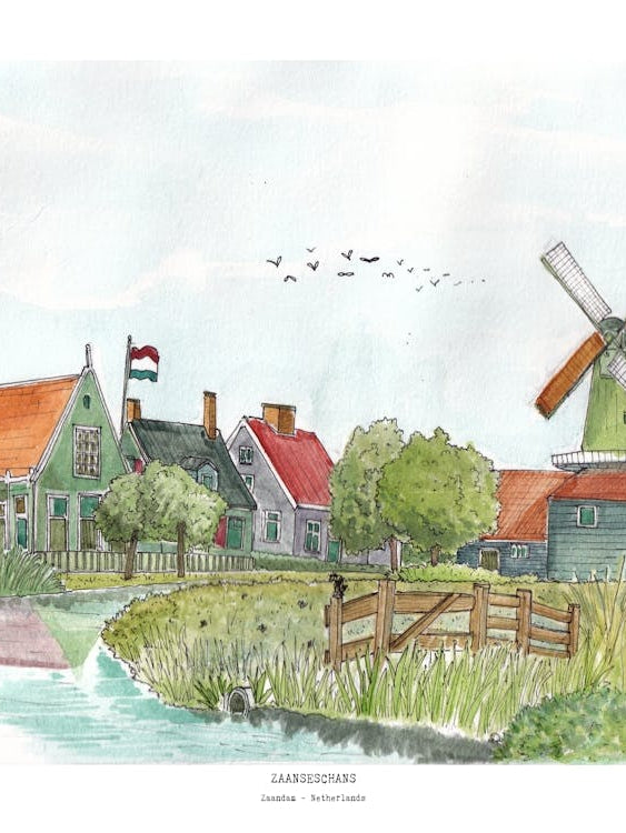 Zaanse Schans Zaandam Netherlands - Dutch Landscape Watercolor - Windmill - Netherlands Watercolor Art