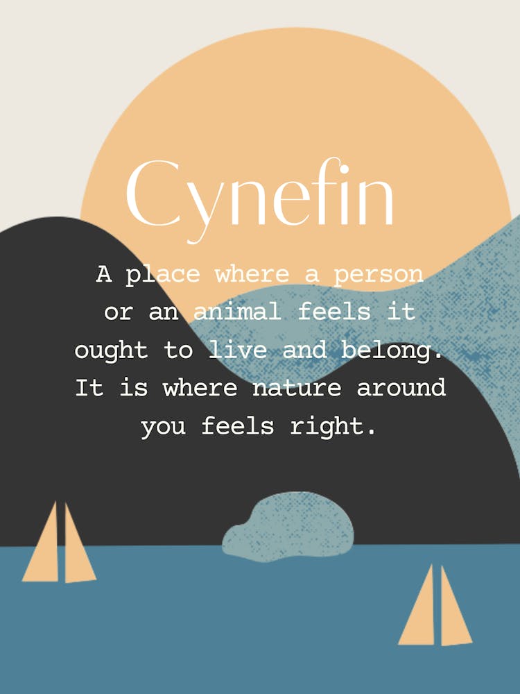 Welsh Cynefin Quote Sea, Sun and Boats, Blue and Neuteal