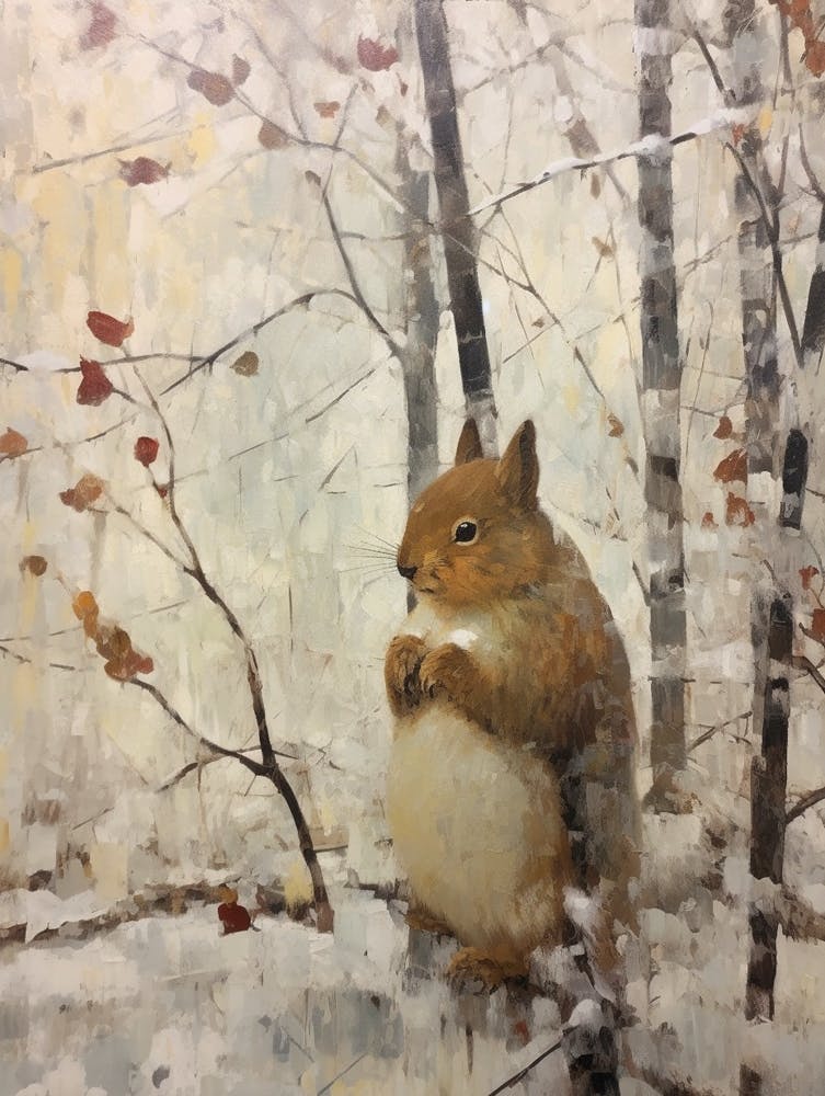 Vintage Winter Animal Painting Red Squirrel 2