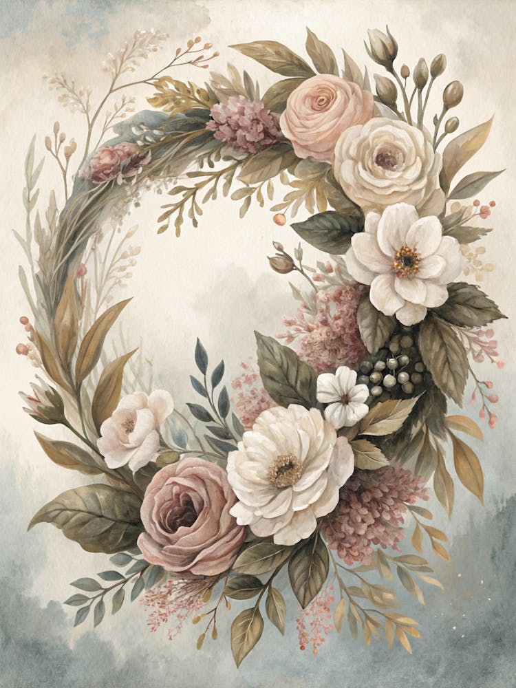 Oil Painting Style Neutral Toned Floral Wreath