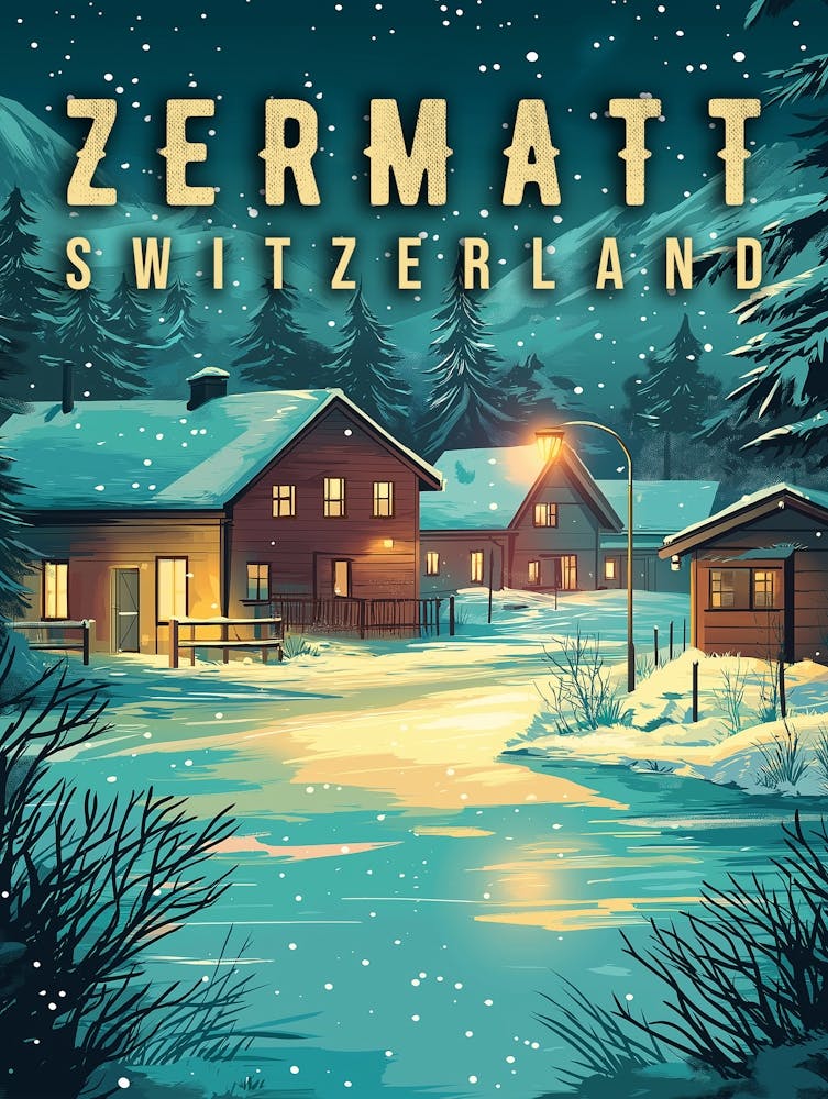 Vintage Zermatt, Switzerland: Snowy Alps at Night