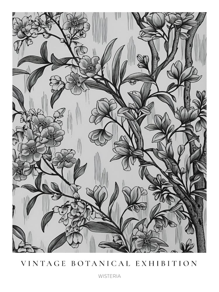 Wisteria 2 B&W Vintage Botanical Poster