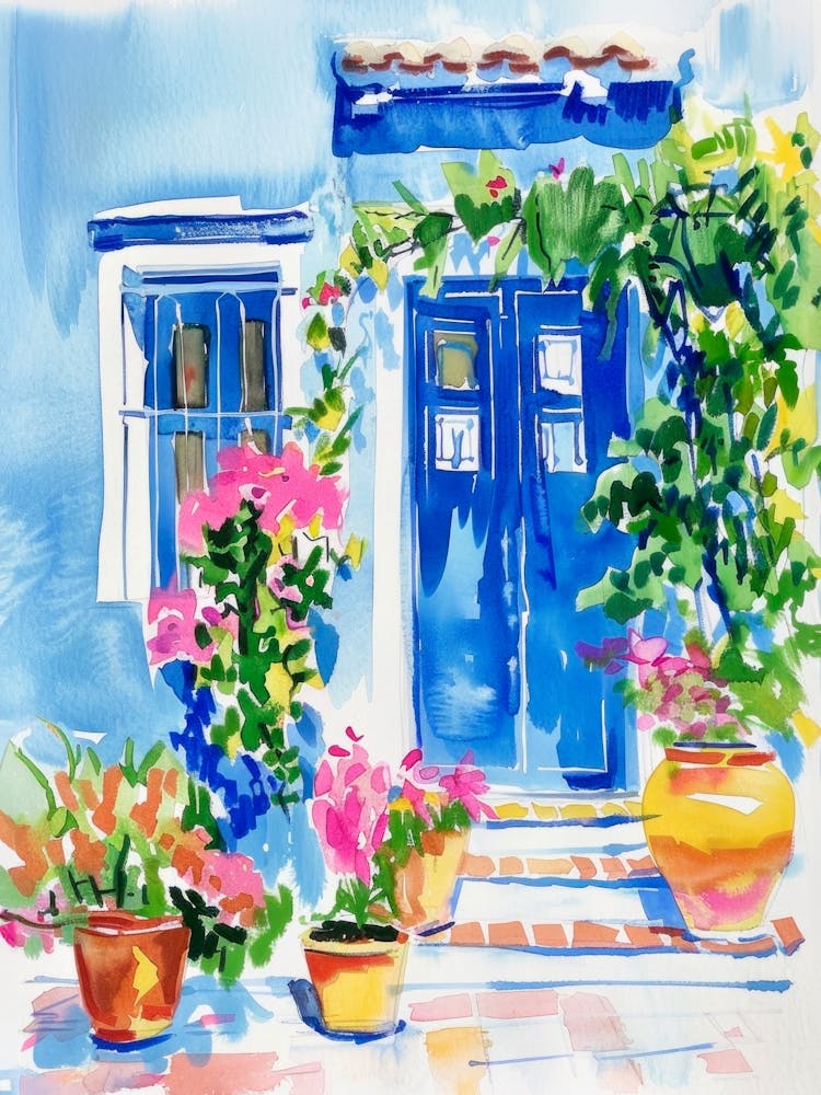 Blue Door. Travel Landscape Watercolor