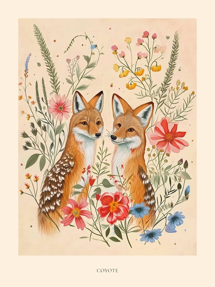 Folksy Floral Animal Drawing Coyote 3 Poster
