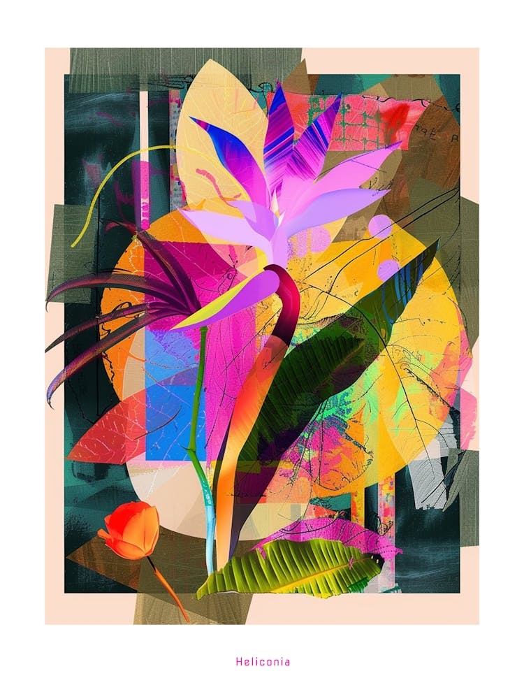 Heliconia 4 Neon Flower Collage Poster
