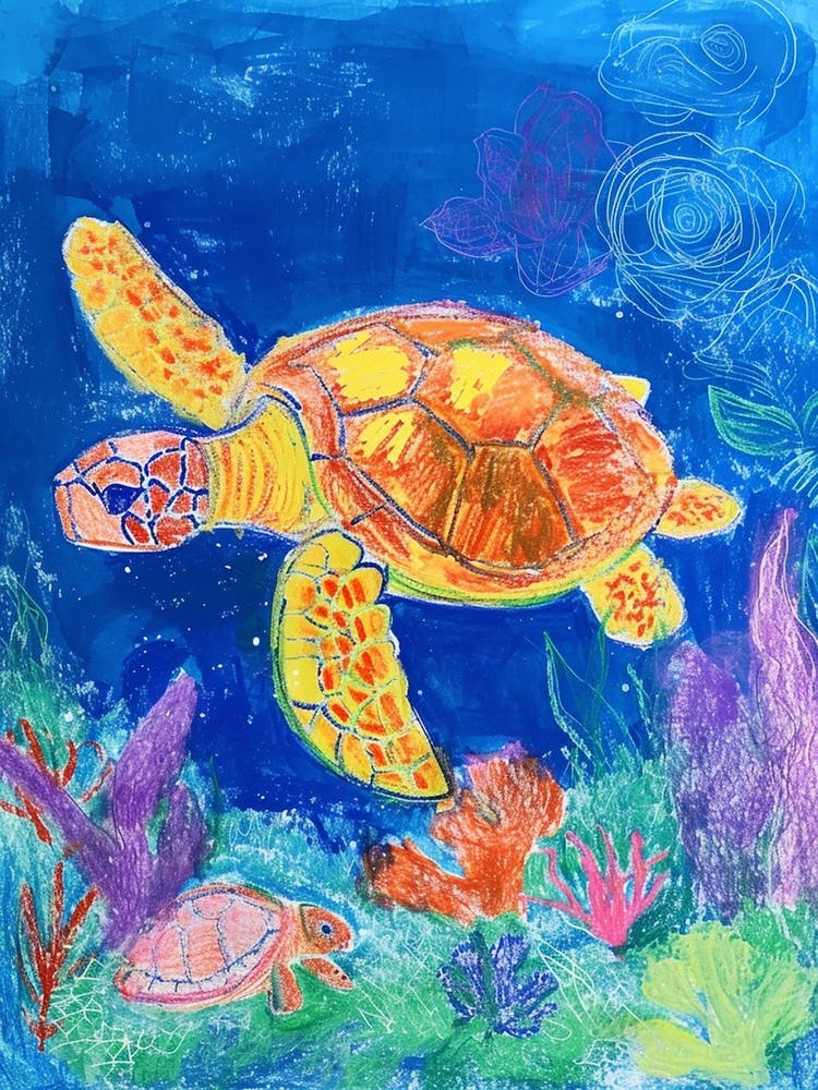 Colourful Sea Turtle Exploring Deep Into The Ocean Crayon Doodle 1