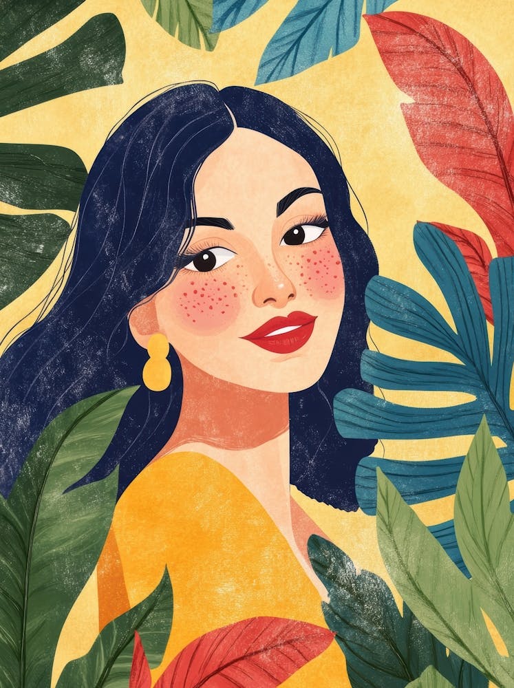 Illustration Of A Woman In Tropical Leaves
