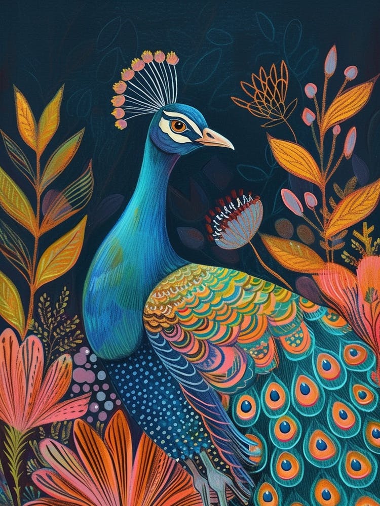 Folky Floral Peacock With The Leaves 2