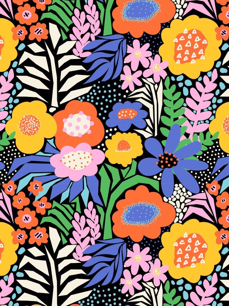 Into The Garden - Paper Cut And Doodle Floral Collage Bright Rainbow On Black