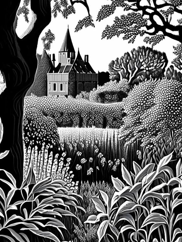 Sissinghurst Castle Garden, 1, United Kingdom Linocut Black And White Vintage