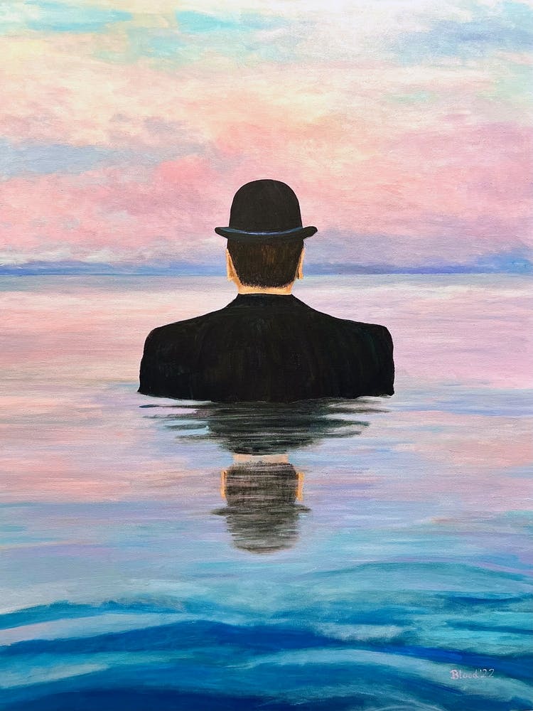 Surreal Man In Bowler Hat In Water Pink Sky
