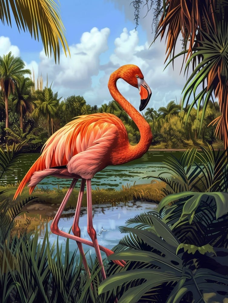 Greater Flamingo Rio Lagartos Yucatan Mexico Tropical Illustration 2