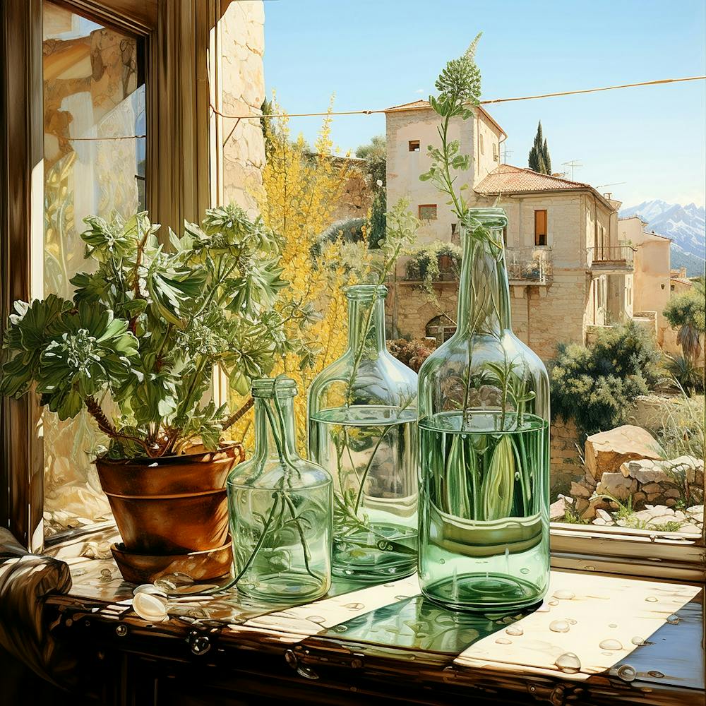 Glass Bottles On A Window Sill