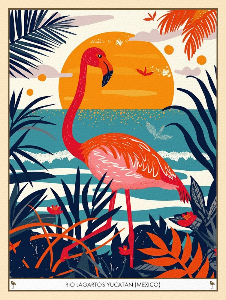 Greater Flamingo Rio Lagartos Yucatan Mexico Tropical Illustration 5 Poster