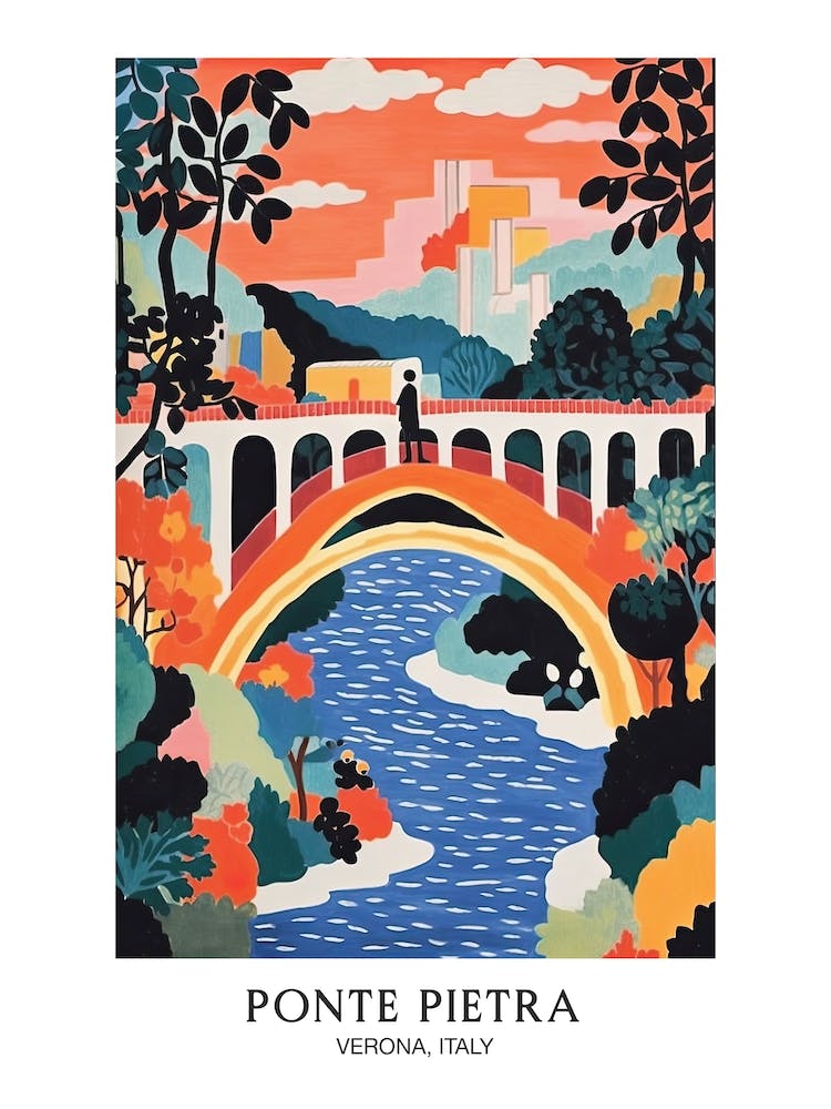 Ponte Pietra, Verona, Italien – Farbenfrohes 2 Reiseplakat