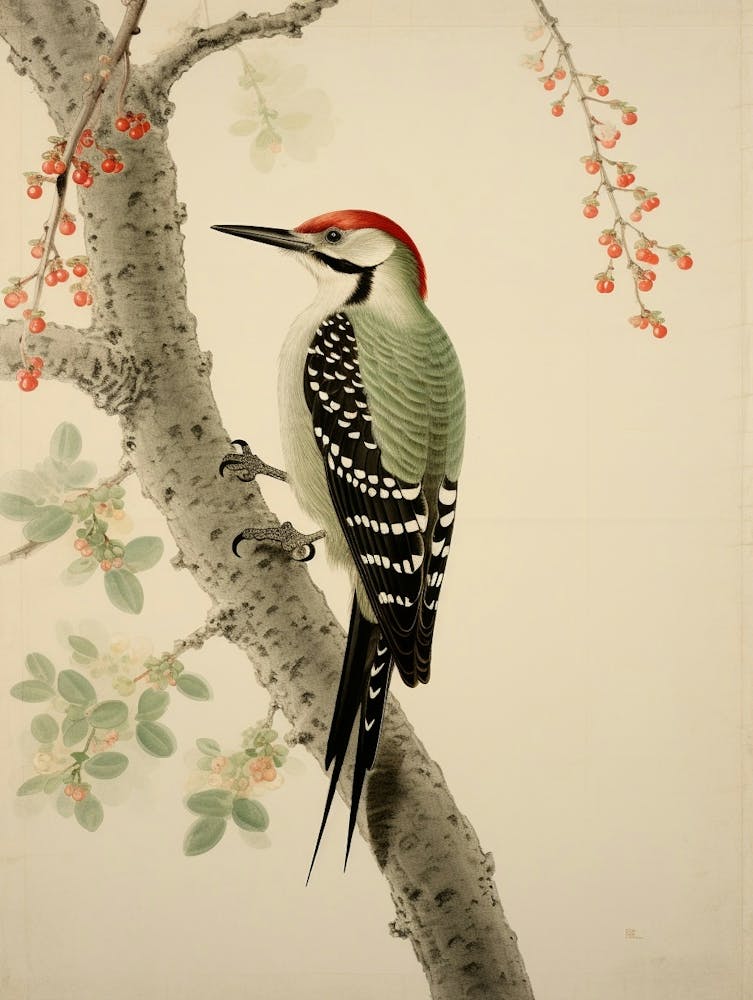 Ohara Koson Inspired Bird Painting Woodpecker 1