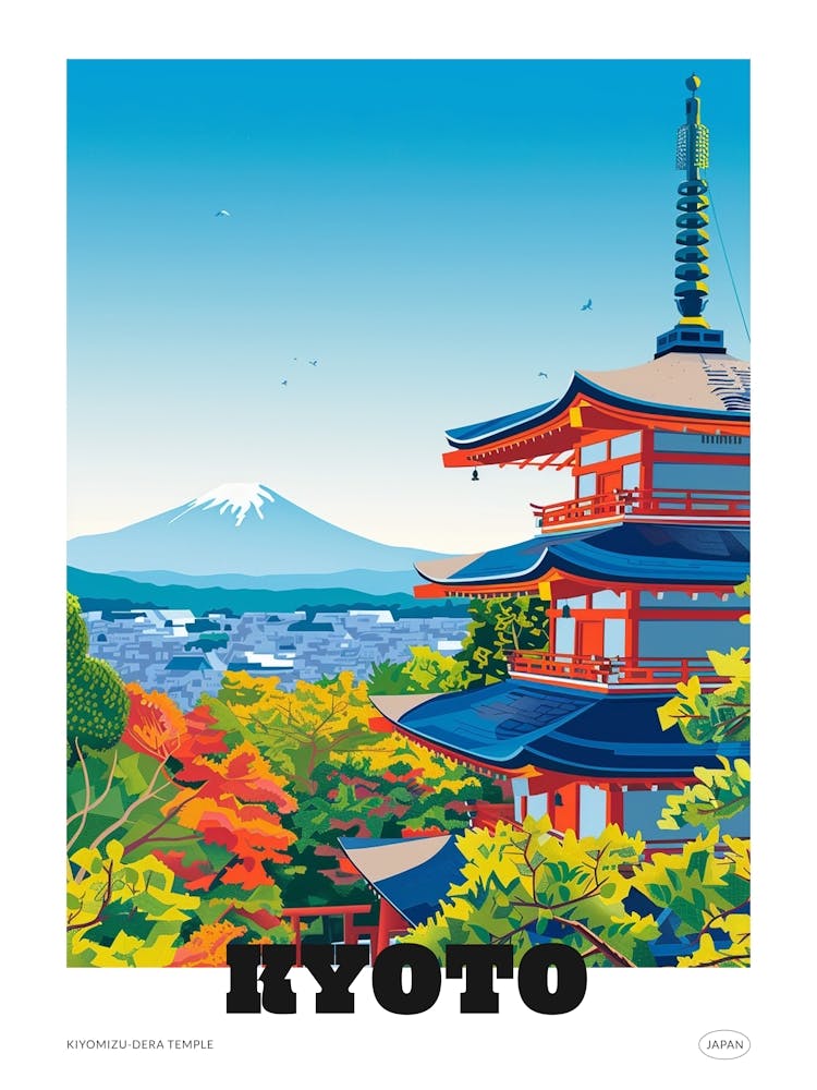 Kiyomizu Dera Temple Kyoto 2 Colourful Illustration Poster