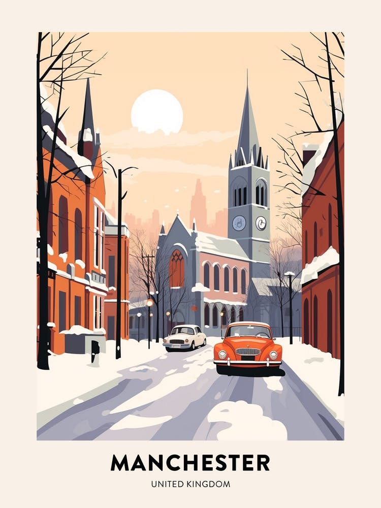 Vintage Winter Travel Poster Manchester United Kingdom 10