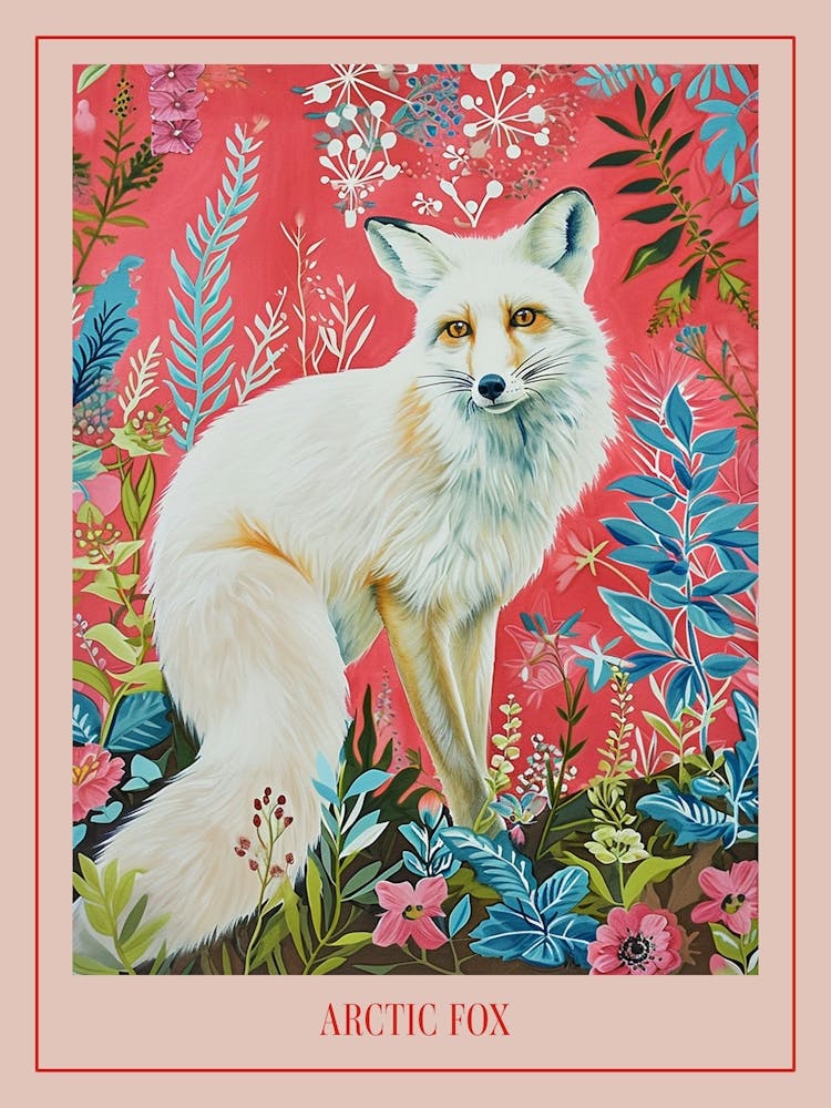 Floral Animal Painting Arctic Fox 1 Poster