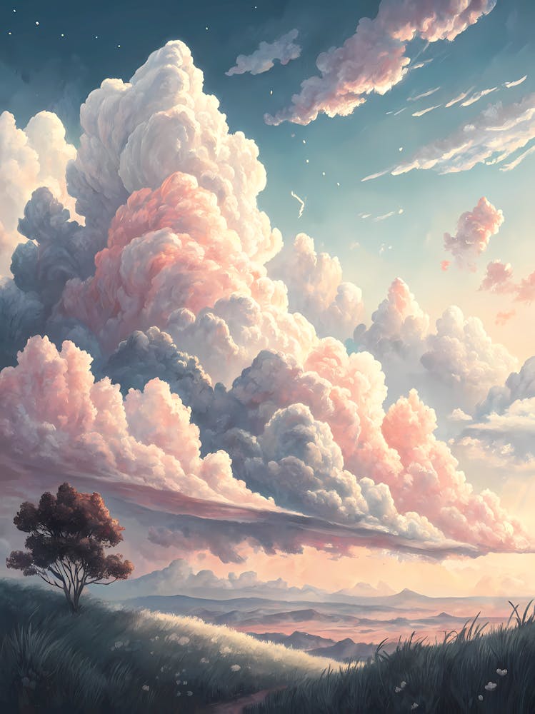Nuages Moelleux en Blanc et Rose Style Peinture à l'Huile