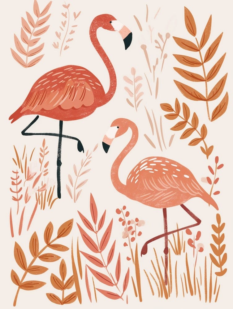 Lesser Flamingo And Ginger Plants Minimalist Illustration 3