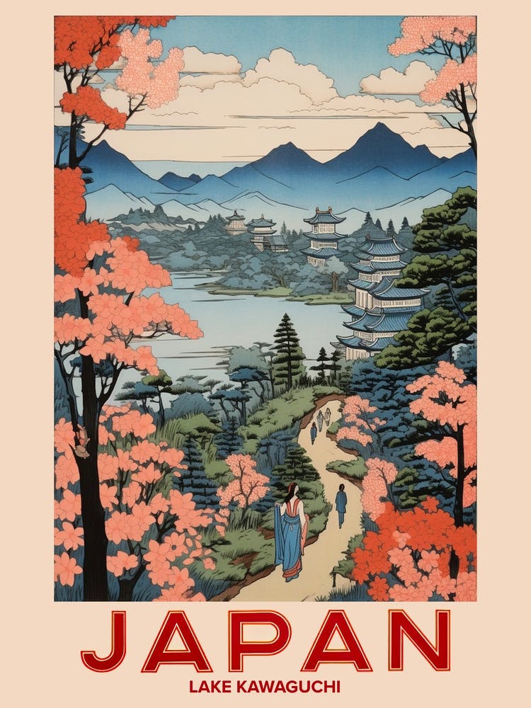 Lake Kawaguchi, Visit Japan Vintage Travel Art 2