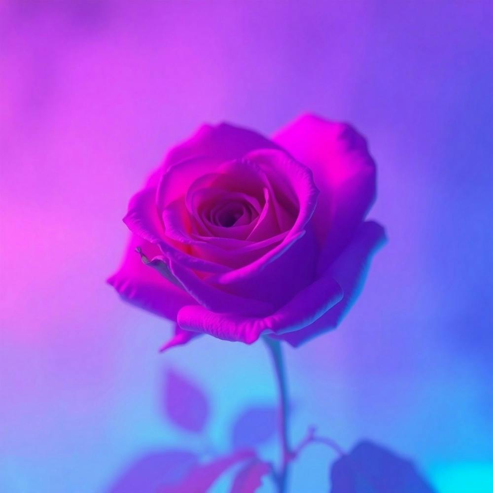 Soft Cinematic Haze, Deep Ultraviolet Hues, Beautiful Rose Art, Vivid Purples, High Contrast, Soft Focus, Hazy Background, Ethereal Atmosphere