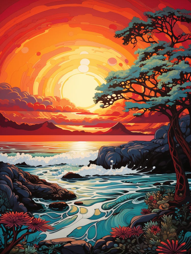 Coral Beach Australia At Sunset, Vibrant Painting 5