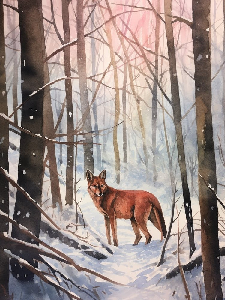 Winter Watercolour Red Wolf 1