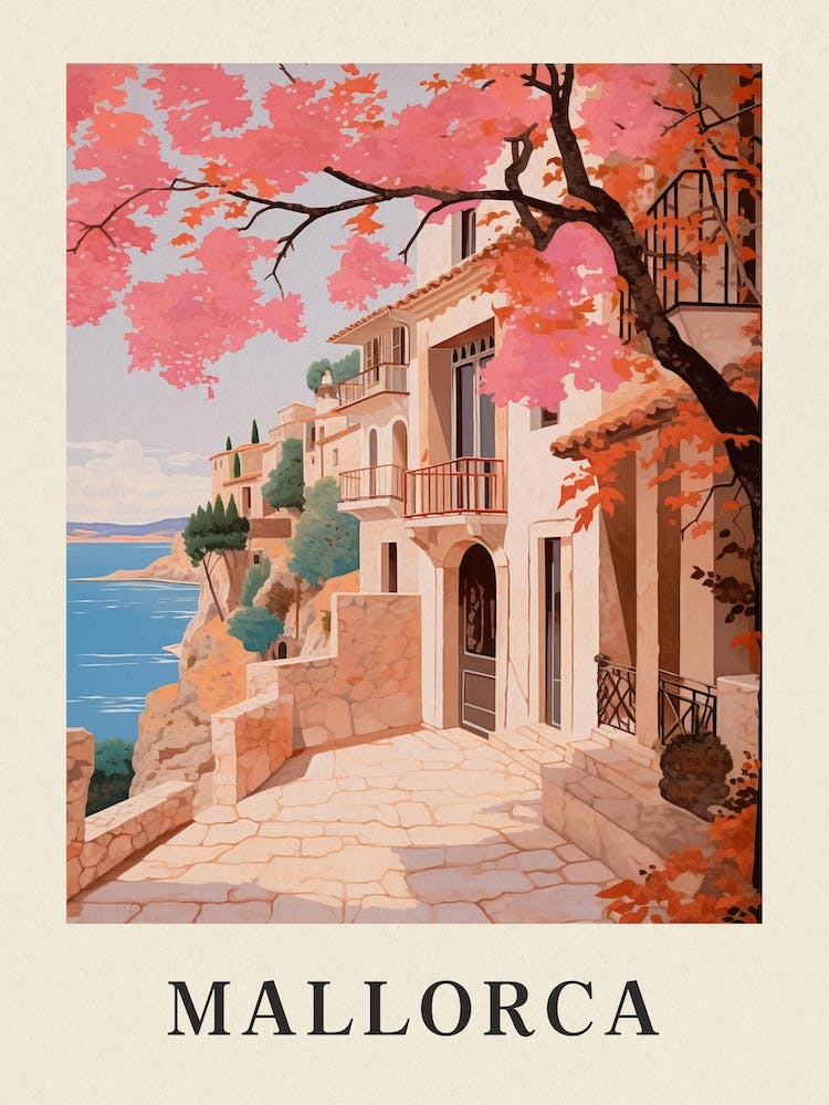 Mallorca Spain 2 Vintage Pink Travel Illustration Poster