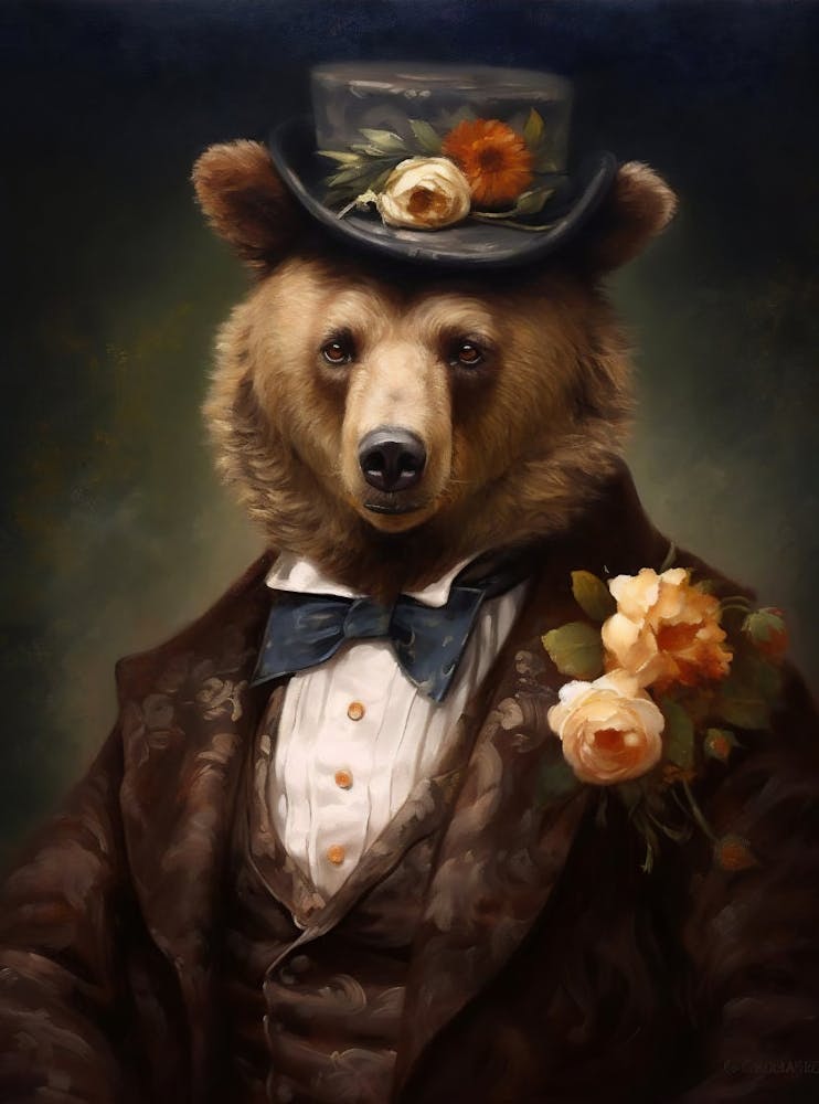 Victorian Animals Portrait, Dressed Animal Print, Royal Bear Vintage Print, Dark Moody Animal Renaissance Poster, Animal Lover Gift