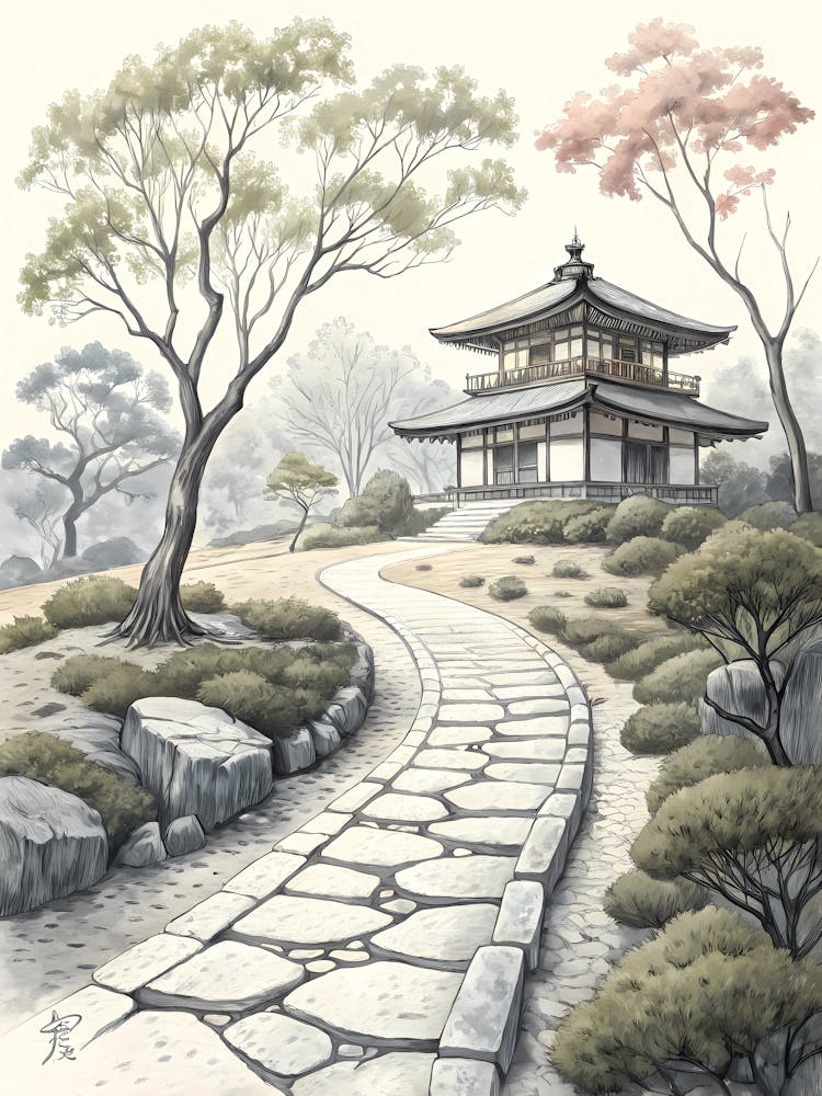 Minimalist Ink Sketch Of Old Stone Path Winding