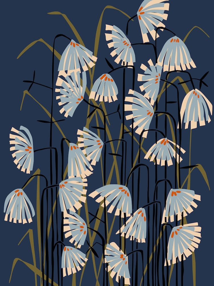 Linocut Flower Meadow Mustard Blue