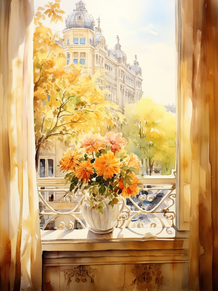 Window View Of Zagreb Croatia In Autumn Fall, Watercolour 2