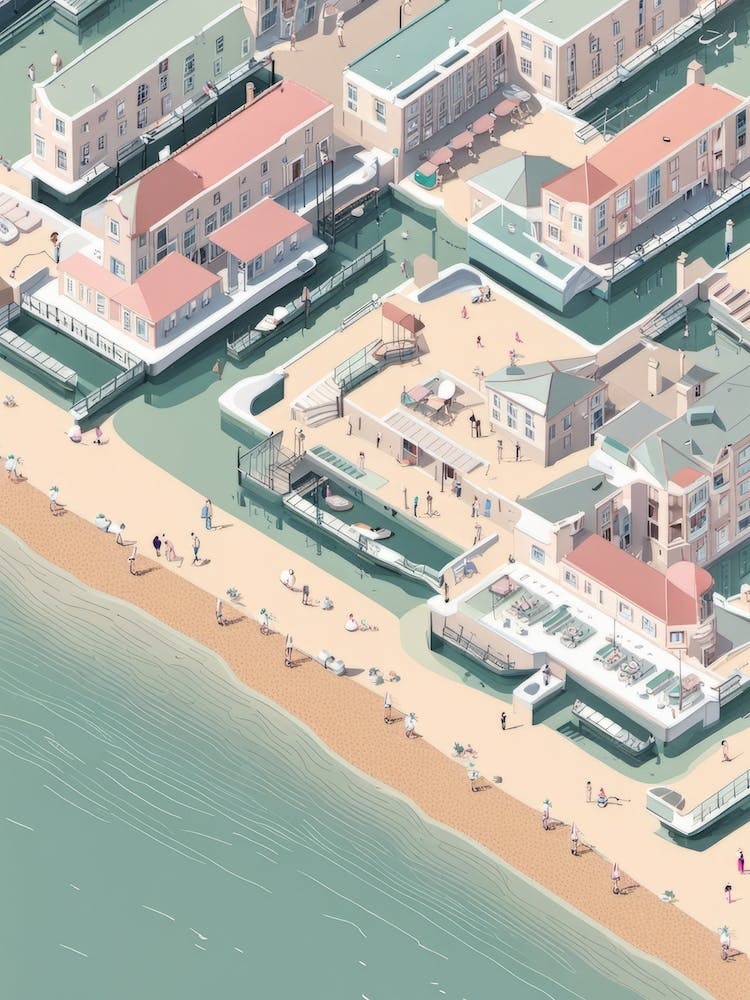 Isometric Beach Shoreline Brighton Inspired Muted Tones Buildings Town