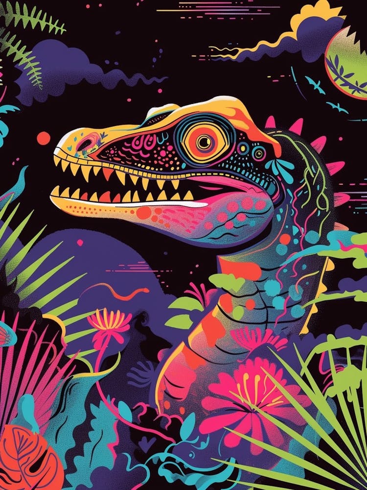 Floral Neon Dinosaur Illustration