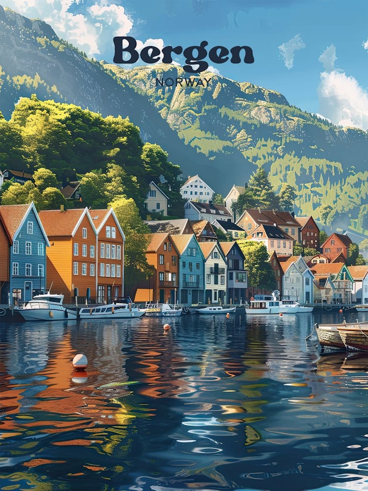 Bergen Norway City Fjord Travel Art Illustration