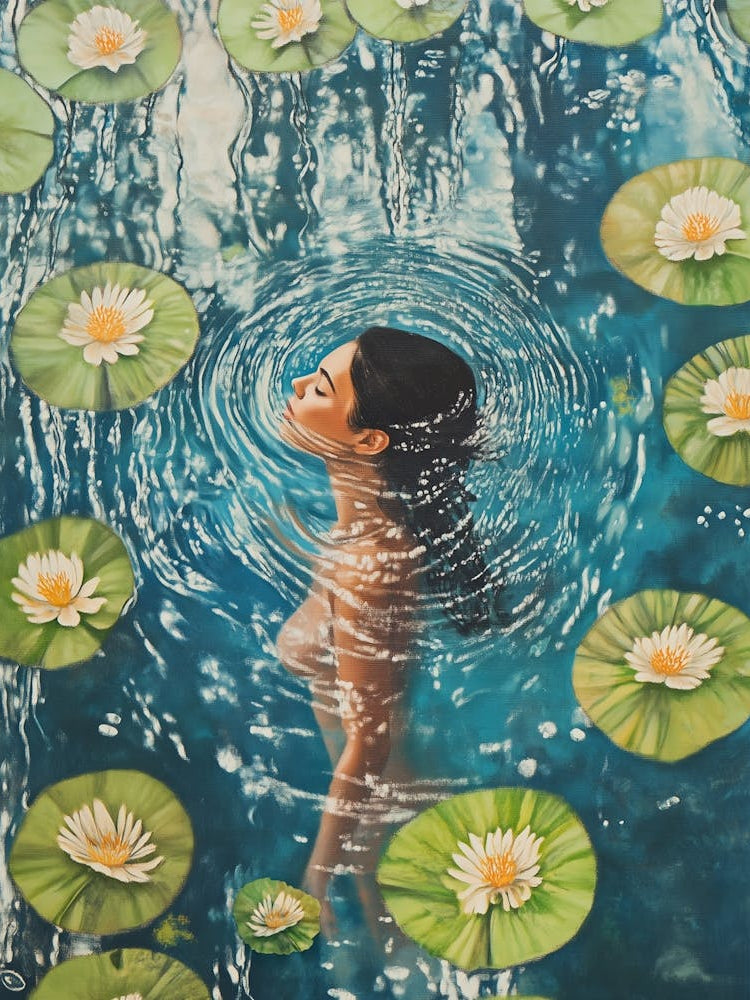 Frau im Wasser, schwimmen mit Seerosen