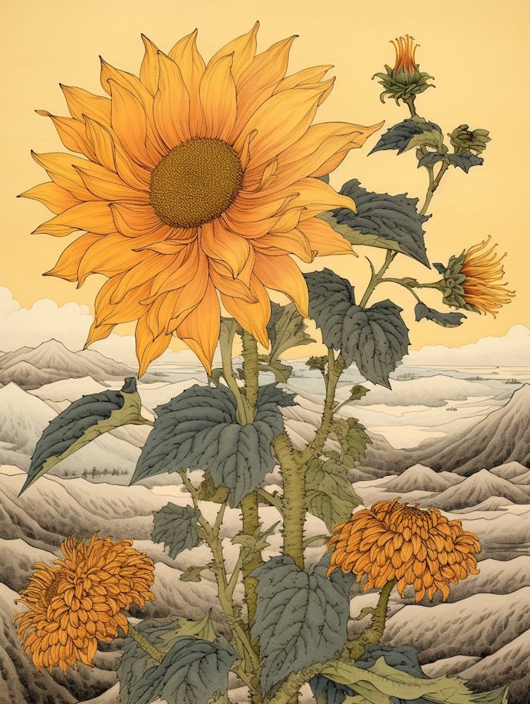 Himawari Sunflower 2 Japanese Botanical Illustration