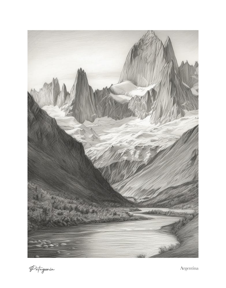 Patagonia Argentina Pencil Sketch 8 Watercolour Travel Poster