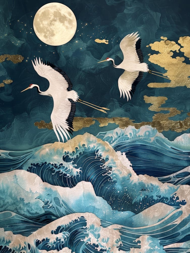 White Cranes Over The Sea