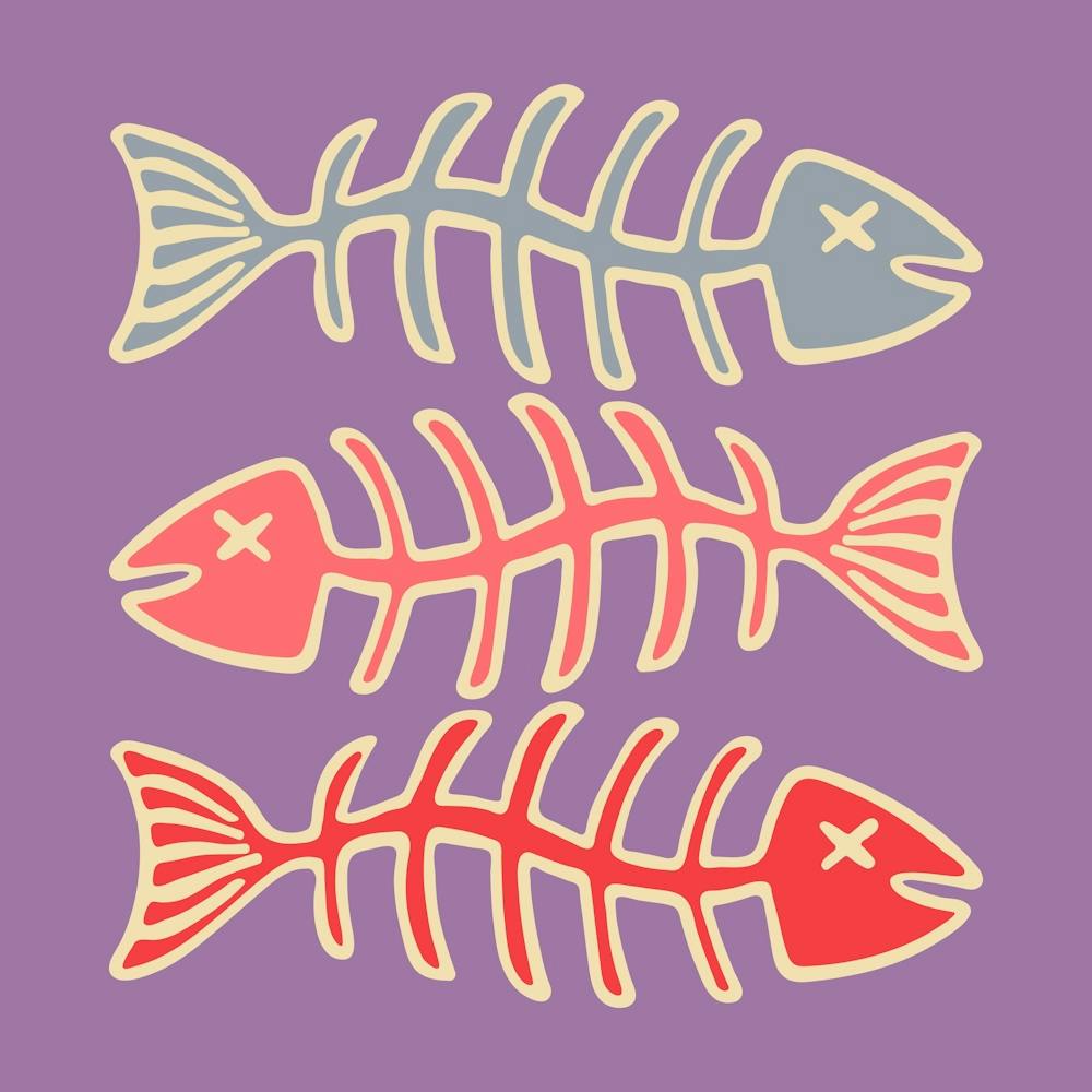 FISH BONES Pop Art Seafood in Vintage Retro Lavender Pink Red on Purple Kitchen Food