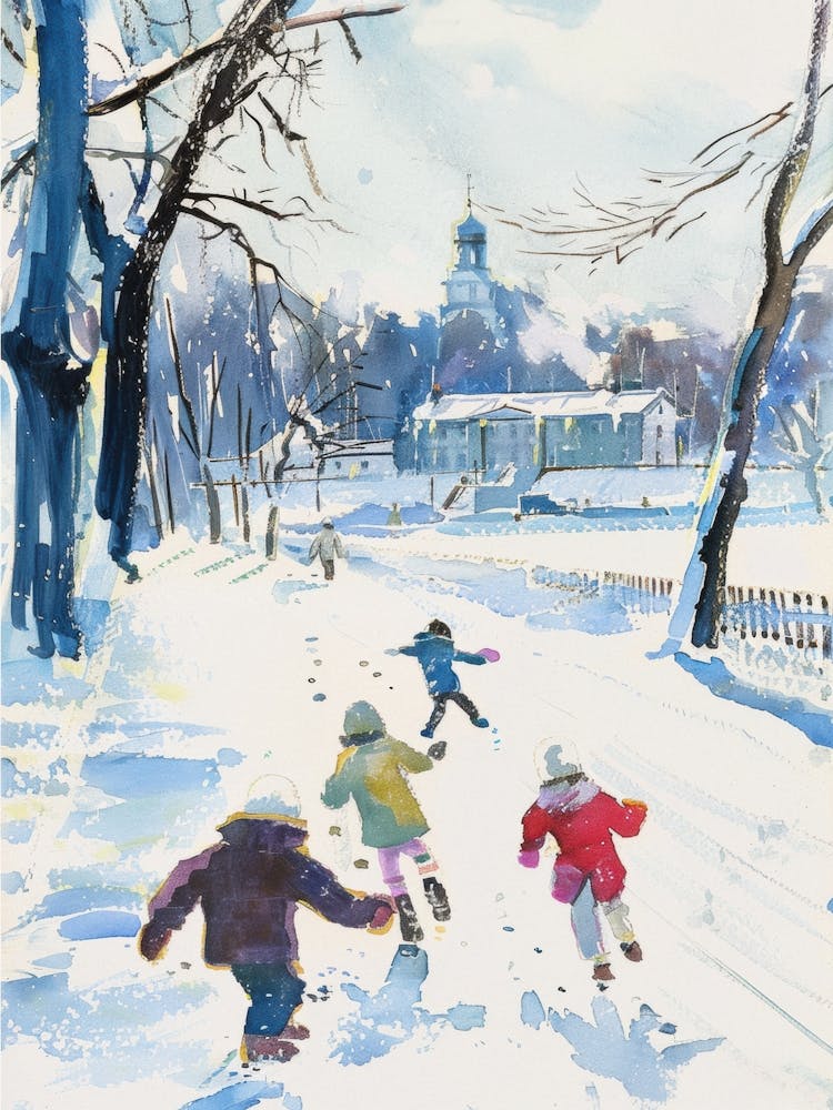 Children Playing In The Snow. Gouache City Landscape