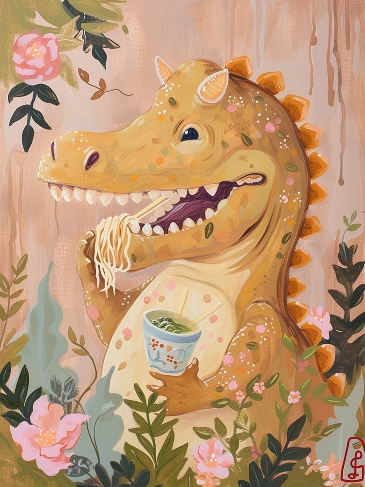 Dinosaur Eating Noodles Pastel