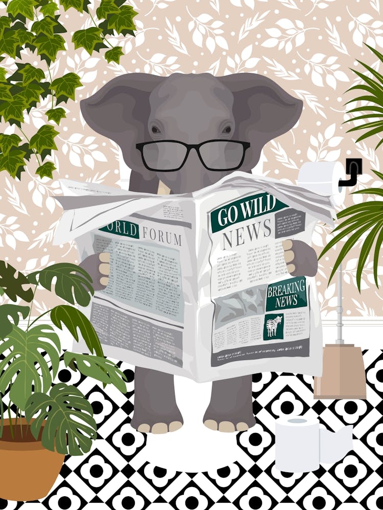 Elephant On Toilet In Beige Botanical Bathroom