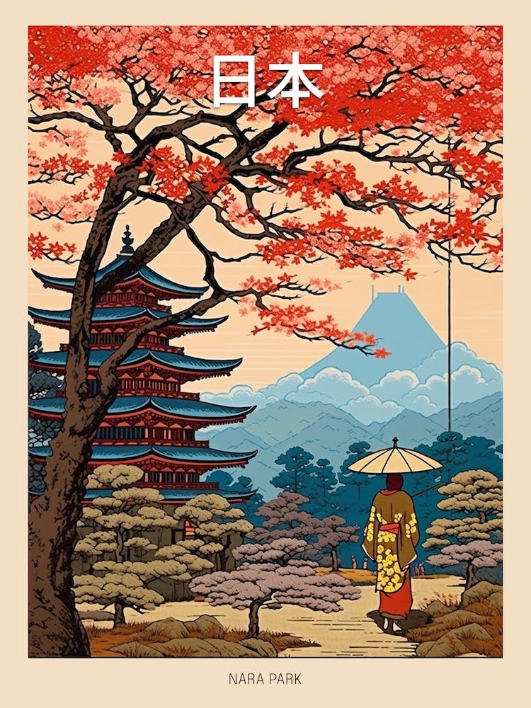 Nara Park, Japan Vintage Travel Art 1 Poster