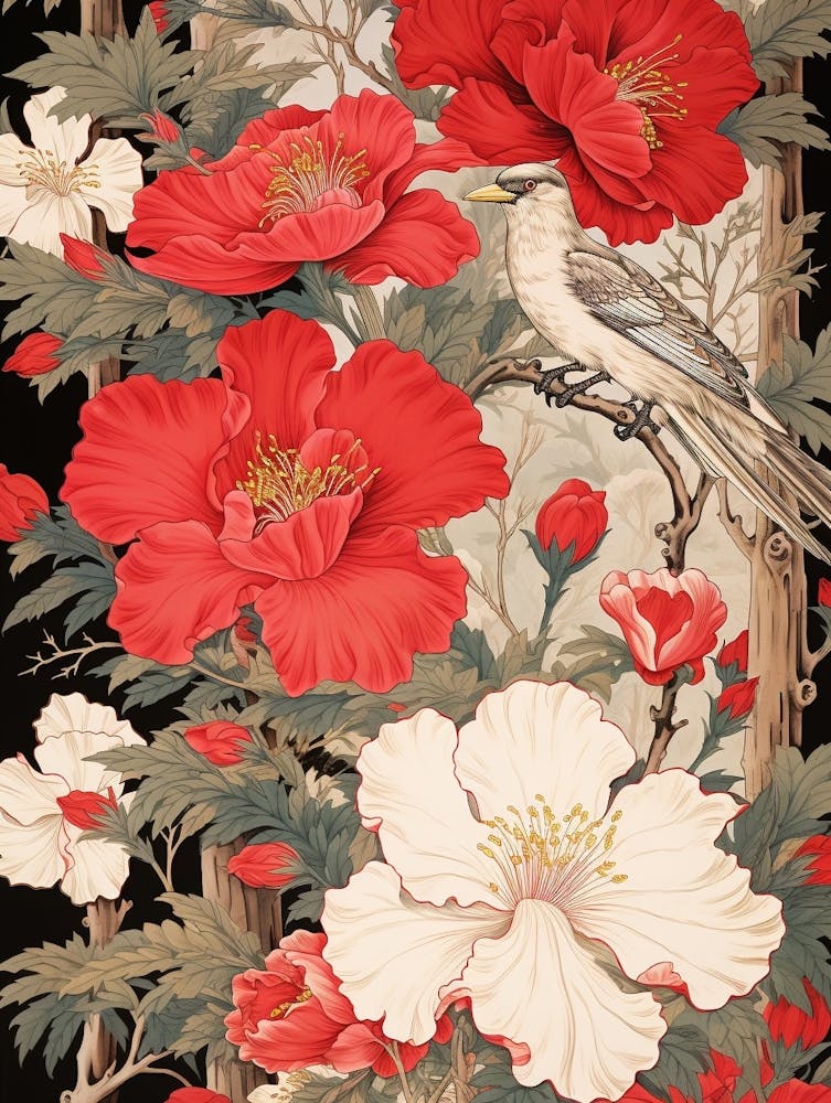 Peony And Bird 2 Vintage Japanese Botanical