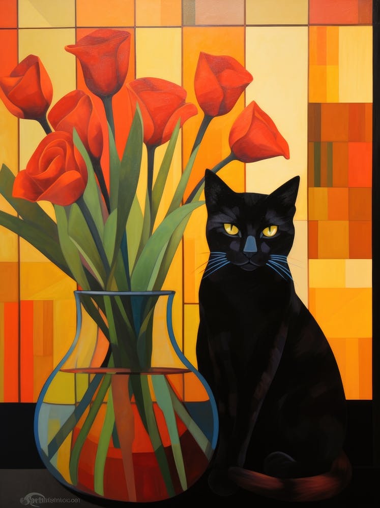 Black Cat With Red Tulips