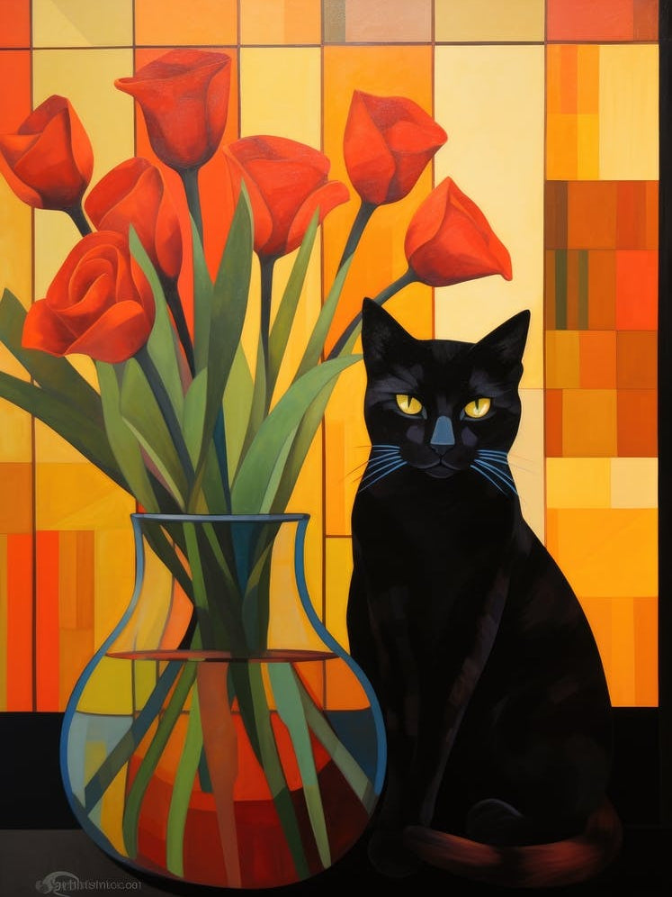 Black Cat With Red Tulips